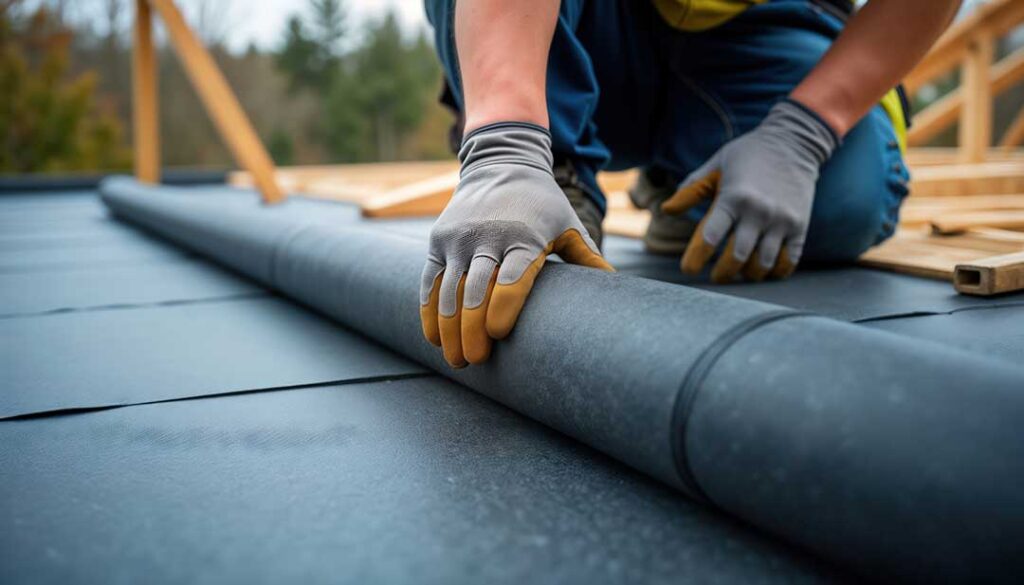 A homeowner inspects shingles on a roof while standing on a ladder next to a two-story house.