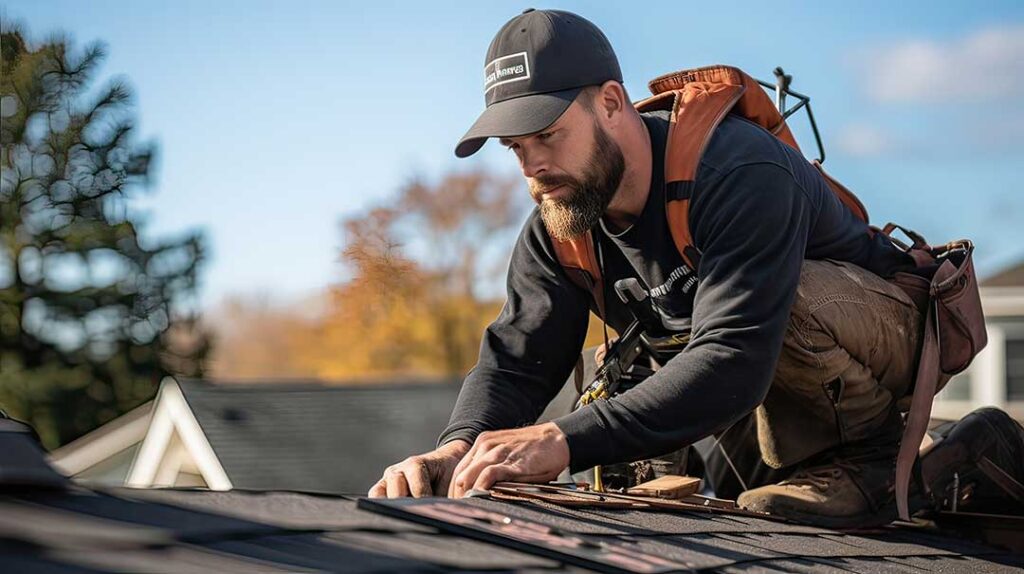 Homeowner inspecting roof shingles and gutters near a leafy house before a storm.
