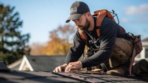 Homeowner inspecting roof shingles and gutters near a leafy house before a storm.